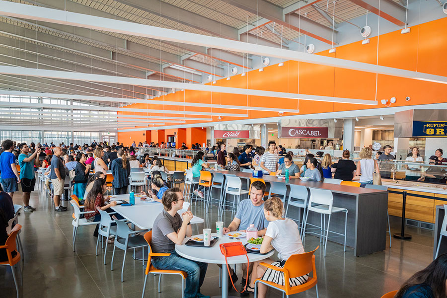 Students in dining, residence halls, or hangout spaces